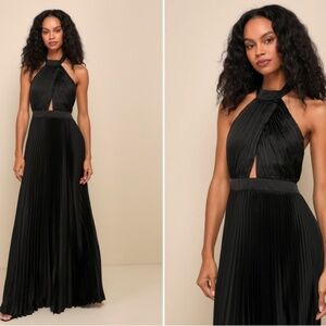 LULU's Prom Wedding Bridesmaid Pleated Satin Open Back Halter Maxi Dress